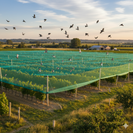 A wide shot of an agricultural field where rows of crops are protected by green bird netting