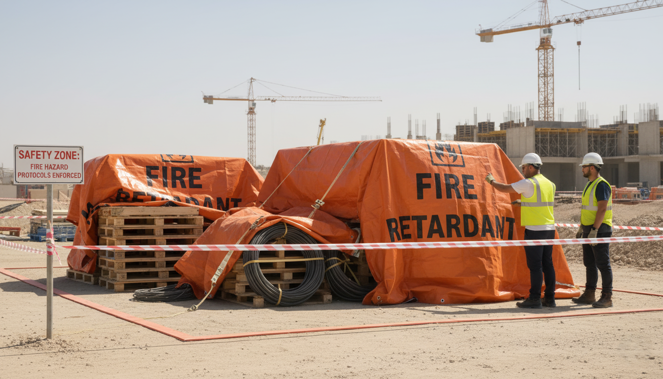 Fire retardant tarpaulins are clearly marked