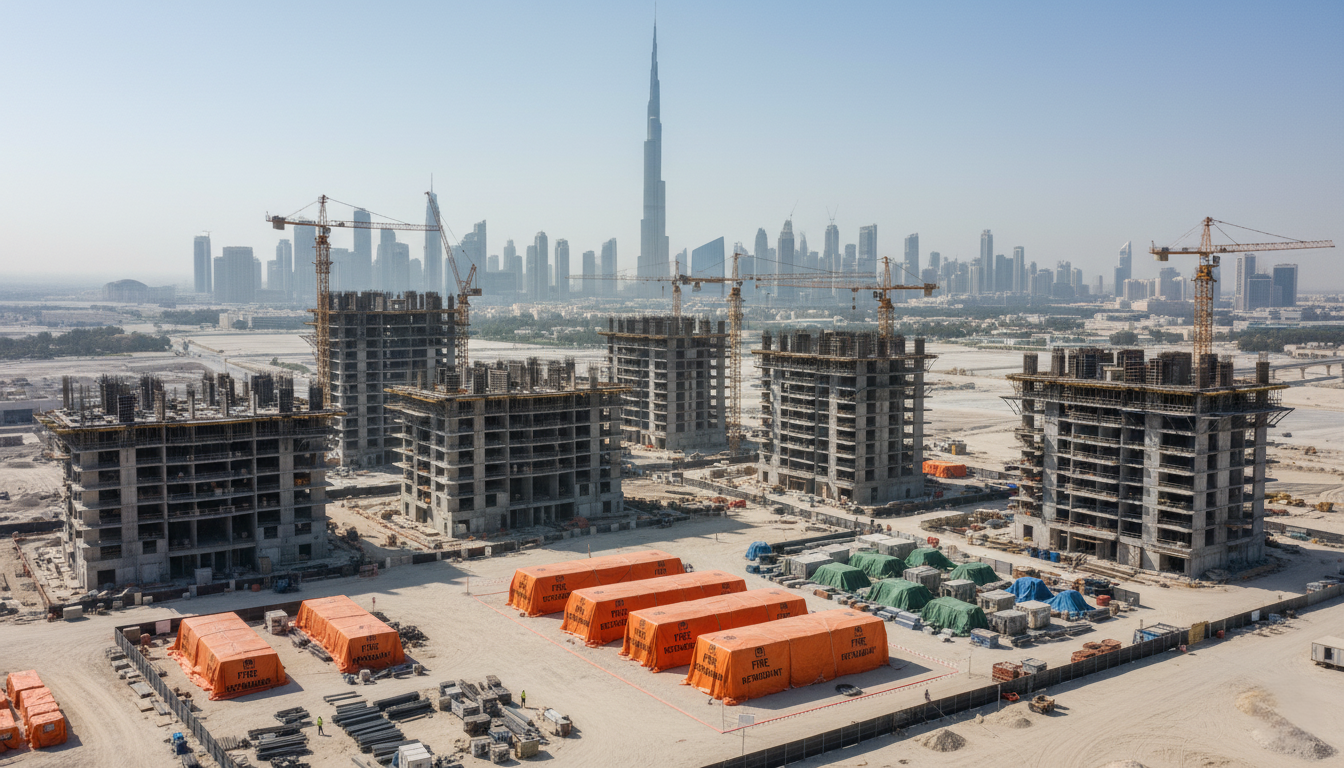 project in Dubai with visible tarpaulin covered