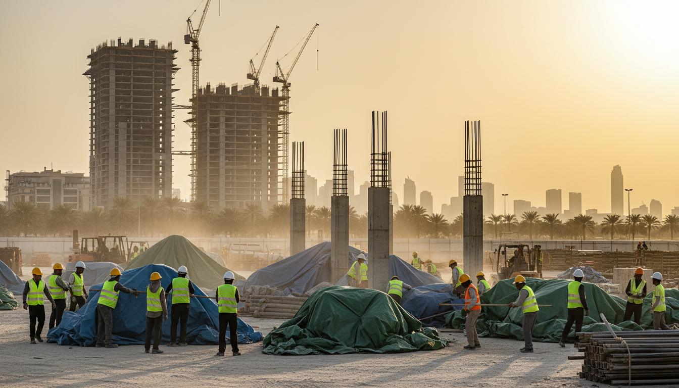 A-wide-angle-shot-of-a-UAE-construction-site-with-workers-using-tarpaulins-to-cover-materials-or-scaffolding.