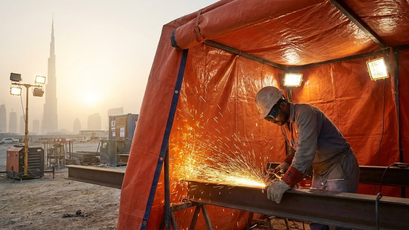 Fire Retardant PVC Tarpaulins protecting construction site from heat and welding sparks