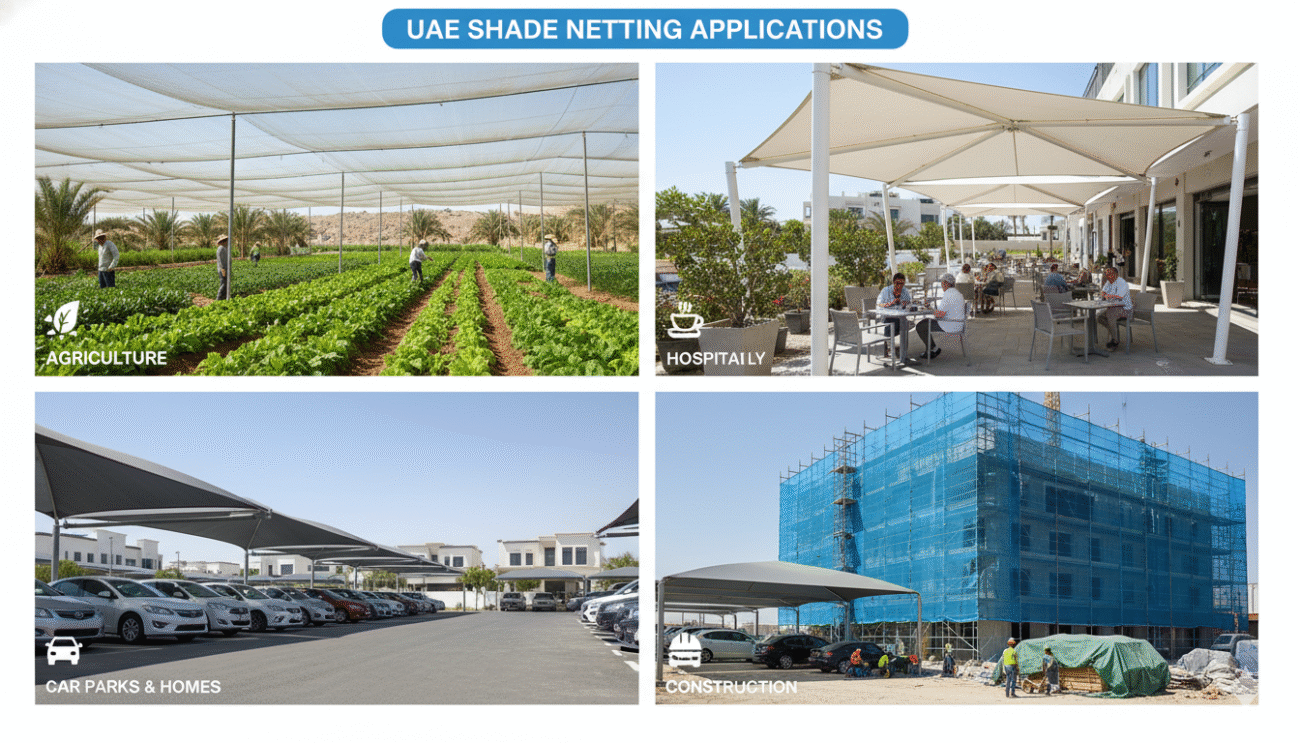 Applications Across Industries:
Agriculture: Greenhouses, nurseries, open-field crops (vegetables, dates, herbs).
Construction: Site protection, worker comfort, material storage.
Horticulture/Landscaping: Gardens, public parks, nurseries, private villas.
Commercial/Hospitality: Outdoor seating, car parks, pool areas.
Residential: Pergolas, patios, carports.
Livestock/Poultry: Animal welfare.
