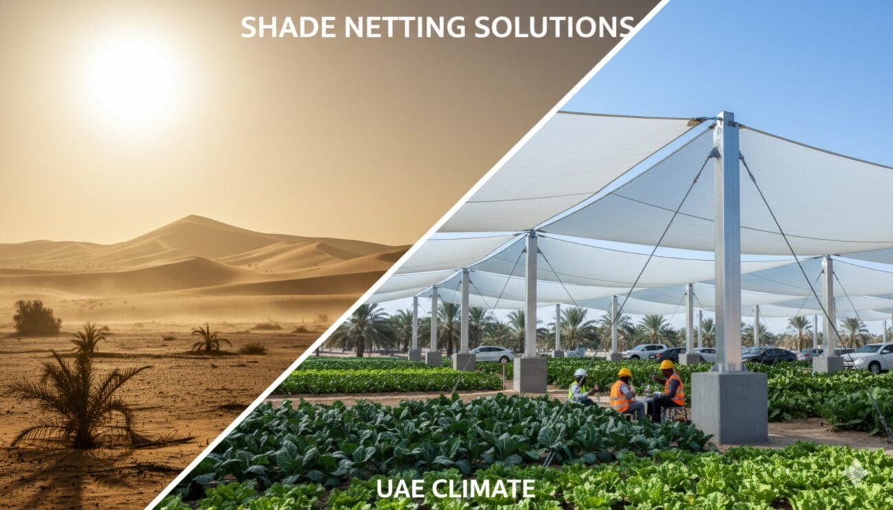 Before-and-after comparison: One side showing plants struggling in direct sun, the other thriving under shade netting.