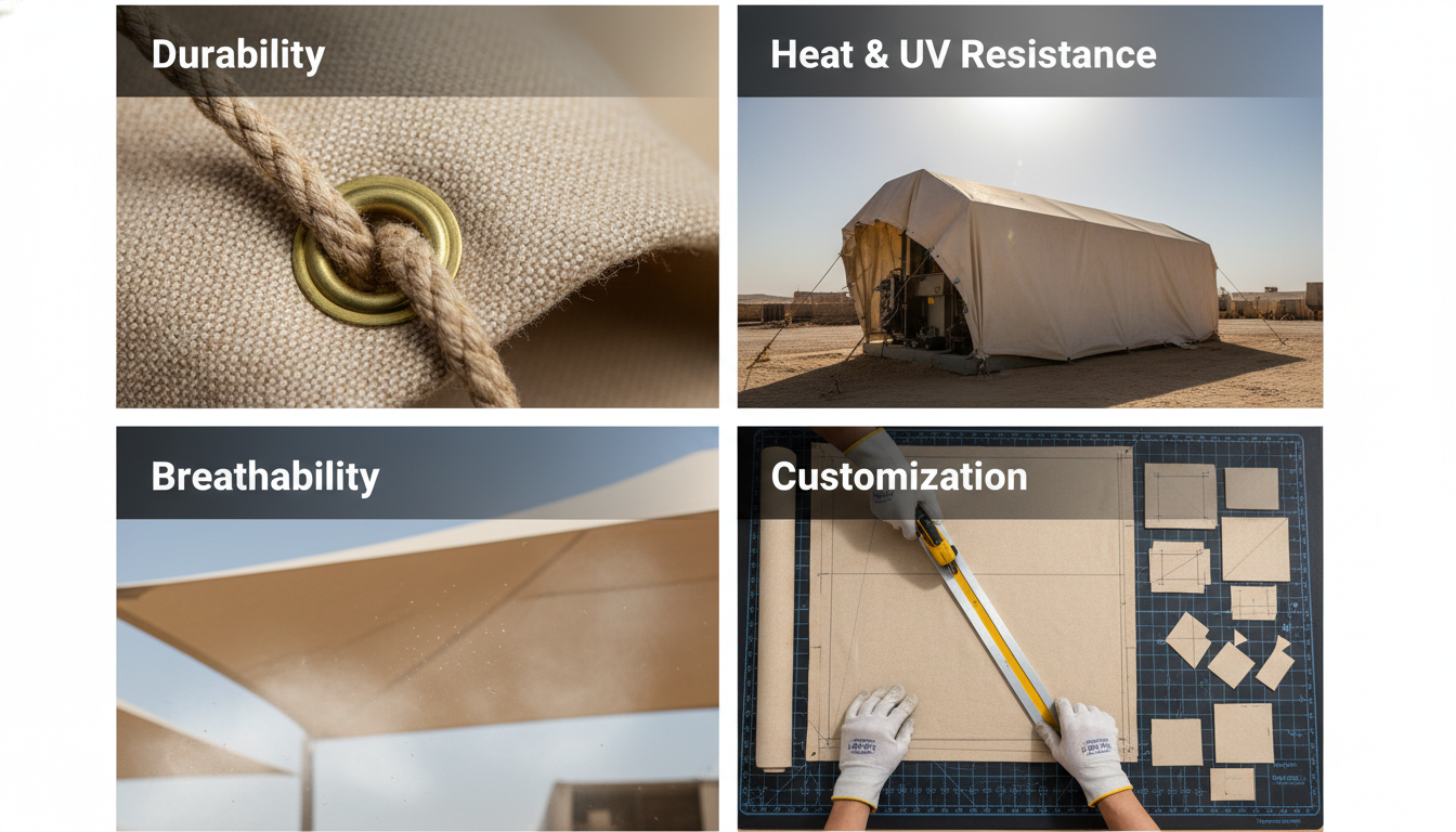 Durability: A close-up of the strong fabric or reinforced edge.Heat/UV resistance: A tarpaulin under intense sun, still looking pristine. Breathability: Perhaps a subtle visual cue suggesting airflow (e.g., light breeze). Customization: A graphic showing different shapes/sizes being cut. Custom Canvas Tarpaulin in UAE
