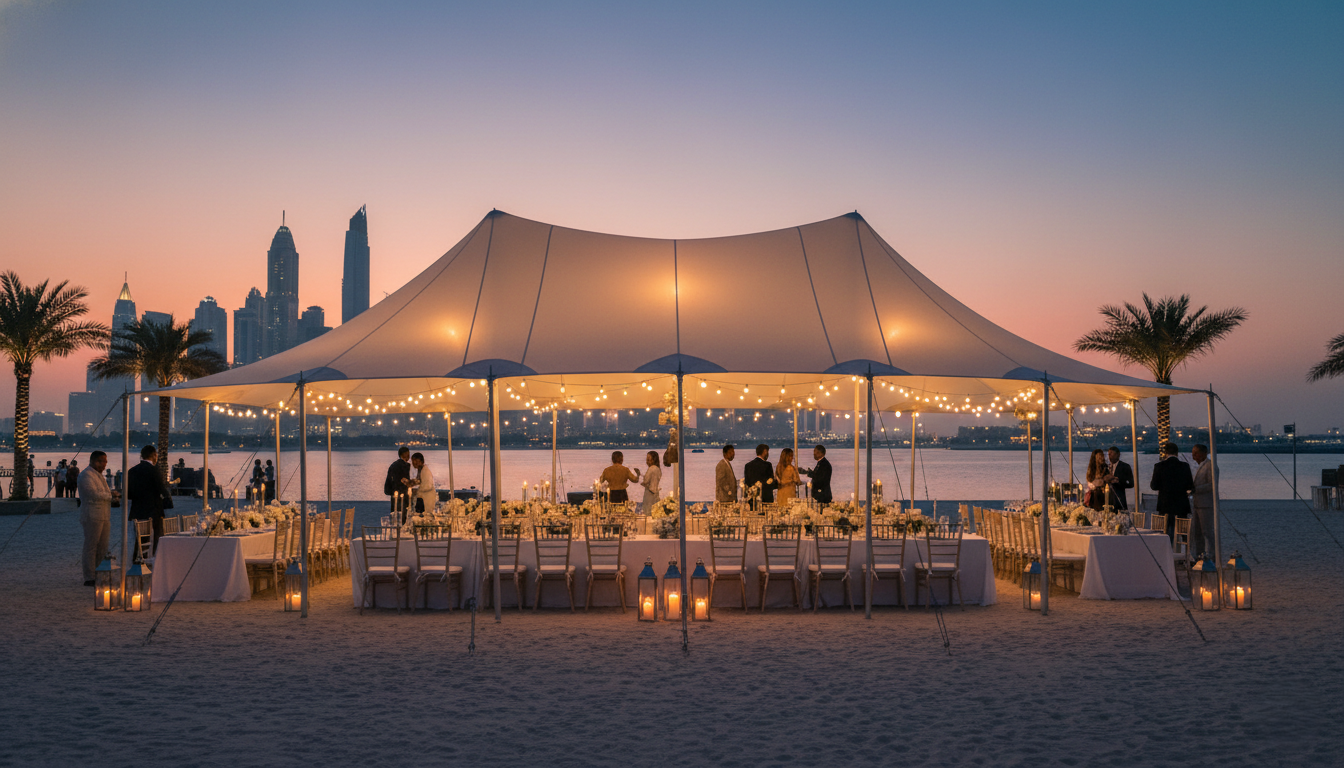 A stylish outdoor event tent or canopy made of canvas tarpaulin, perhaps a wedding reception or an exhibition.