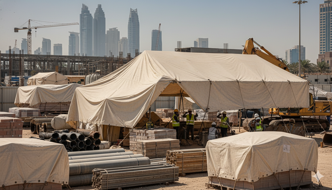 A vibrant construction site in Dubai or Abu Dhabi, showcasing large canvas tarpaulins covering stacks of building materials, machinery, or even providing temporary shade for workers.