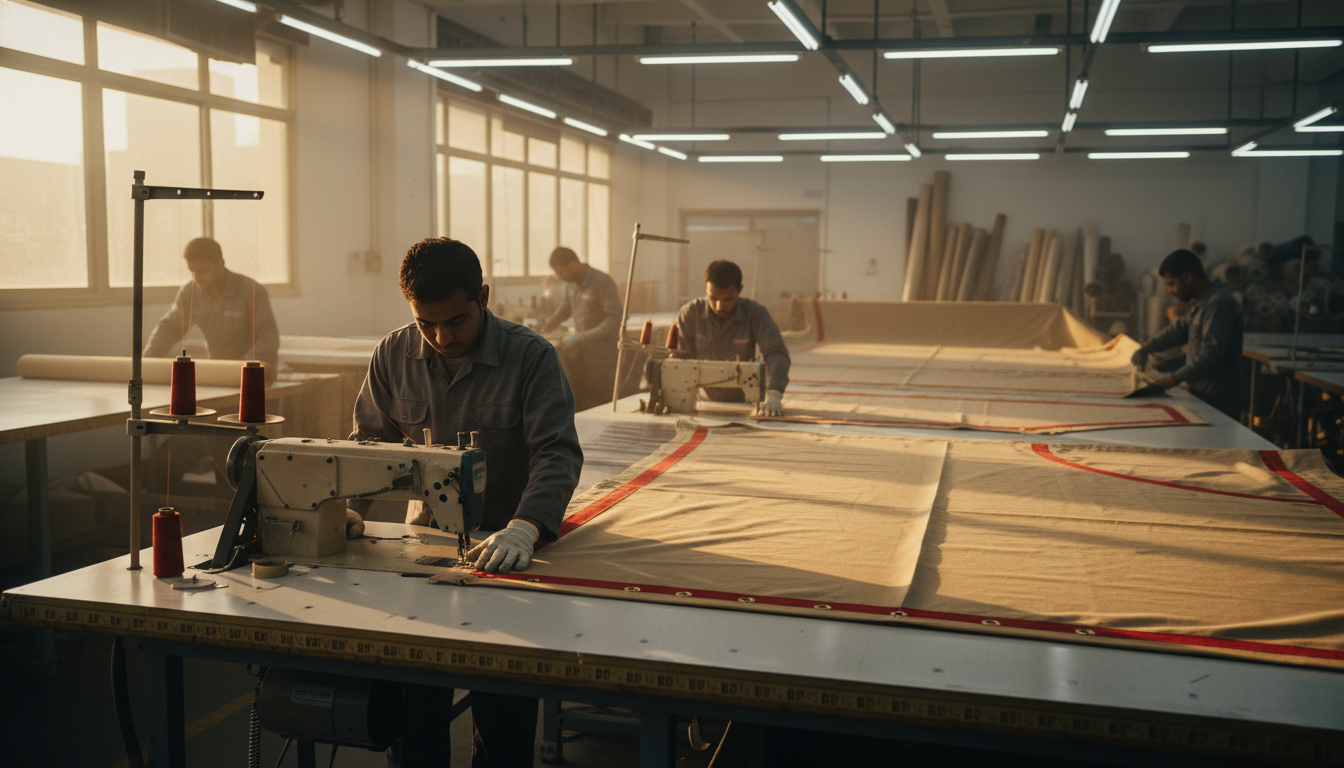A workshop or factory setting in the UAE, showing skilled workers customizing a large canvas tarpaulin.