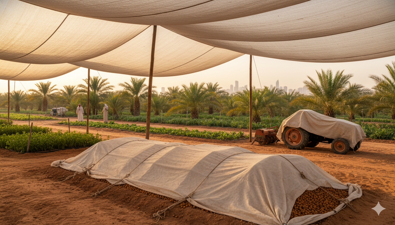 An agricultural scene in the UAE (e.g., a date palm farm, a nursery) where canvas tarpaulins are used for shading plants, covering harvested produce, or protecting farm equipment.