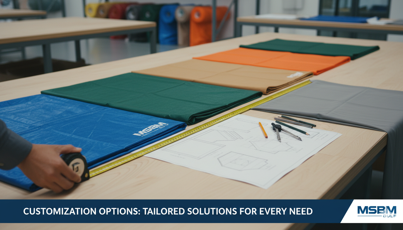 Different colored tarpaulins, perhaps stacked neatly, along with some measurement tools or a design sketch to convey tailored solutions