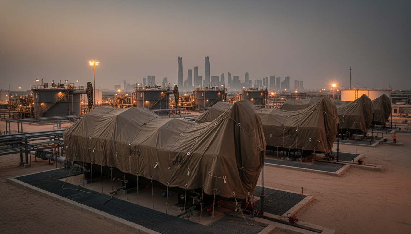 An industrial setting (e.g., an oil field, a large warehouse) where valuable equipment or machinery is covered by robust canvas tarpaulins.
