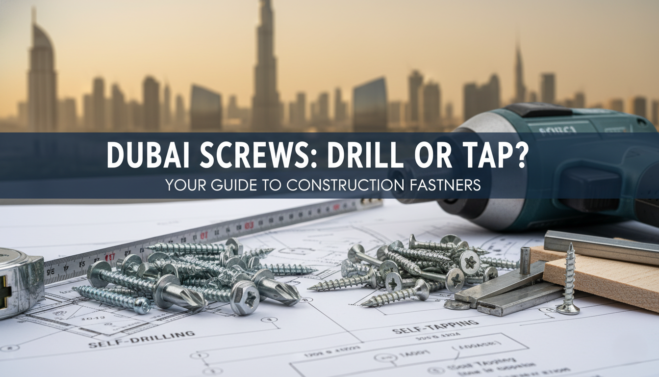 showcasing both self-drilling and self-tapping screws side-by-side on a blueprint or construction plan background